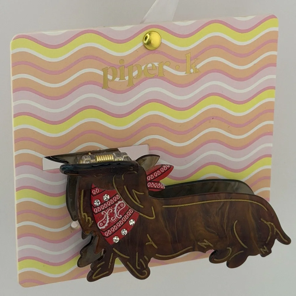 Piper K Dachshund Red Bandanna Hair Claw Clip Brown Red